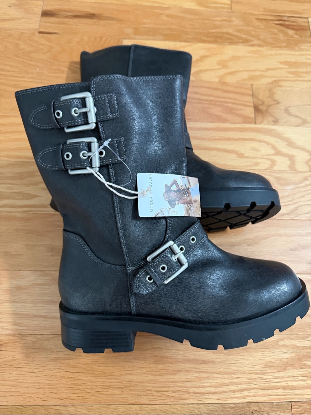 Women's  Sincerely Jules Black Buckle Combat Boots - Rugged Lug Sole Size 8 1/2